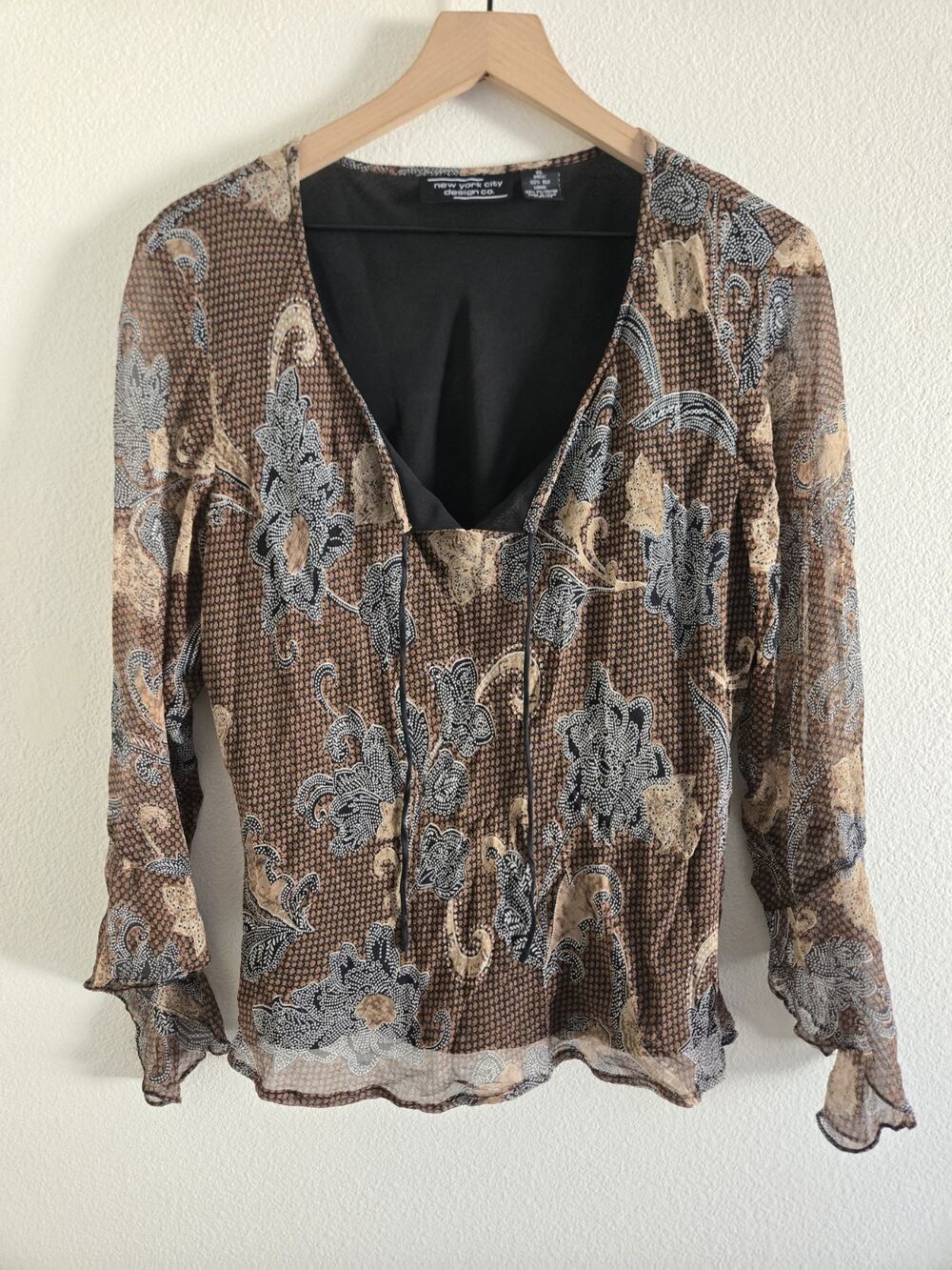 New York City Design Co XL Brown Paisley Silk Top Y2k Boho Forest Fairy Grunge